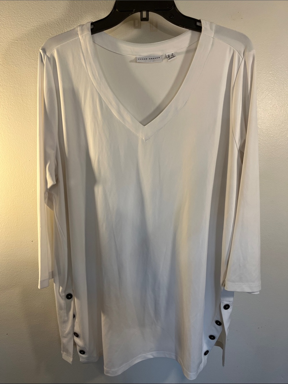 Susan Graver White V-Neck Long Sleeve Tunic with Side Button Detail